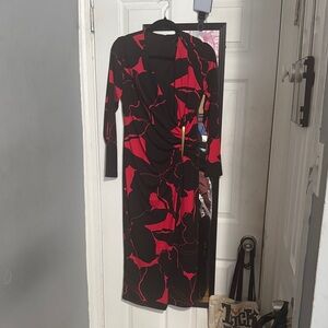 Donna Karan Black and Red Long Sleeve Dress
